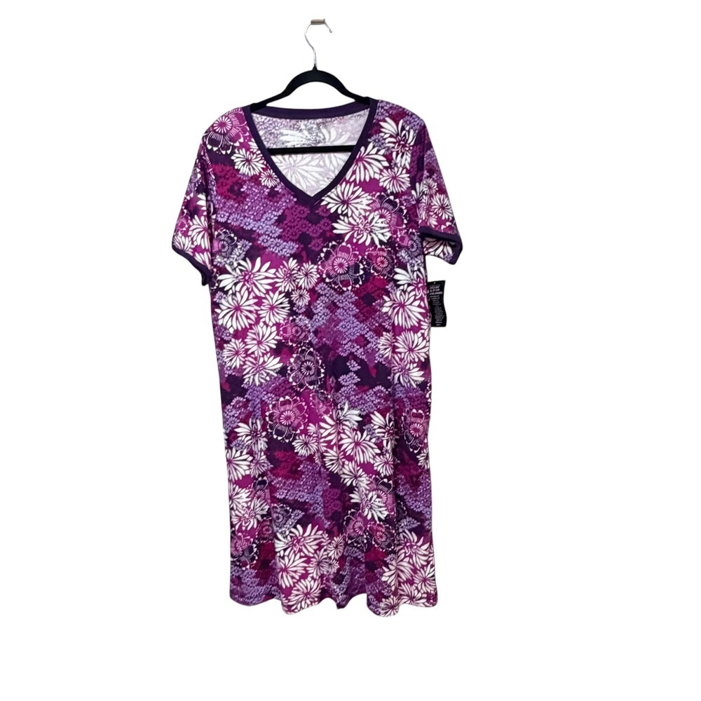 Dreams & Co Womens Purple Floral V-Neck Short Sleeve Nightgown Size M 14/16